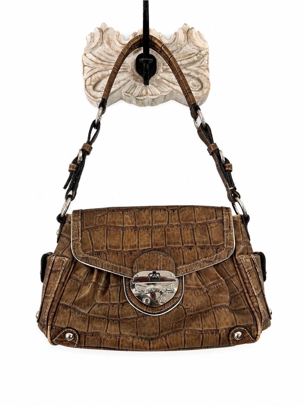 Kathy Van Zeeland Y2K Brown Faux Croc Shoulder Bag Silver Hardware Purse vegan